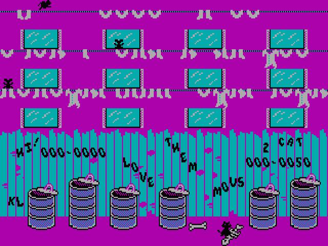 A screenshot of the game Alley Cat from MS-DOS, with bright pink, blue and black graphics.