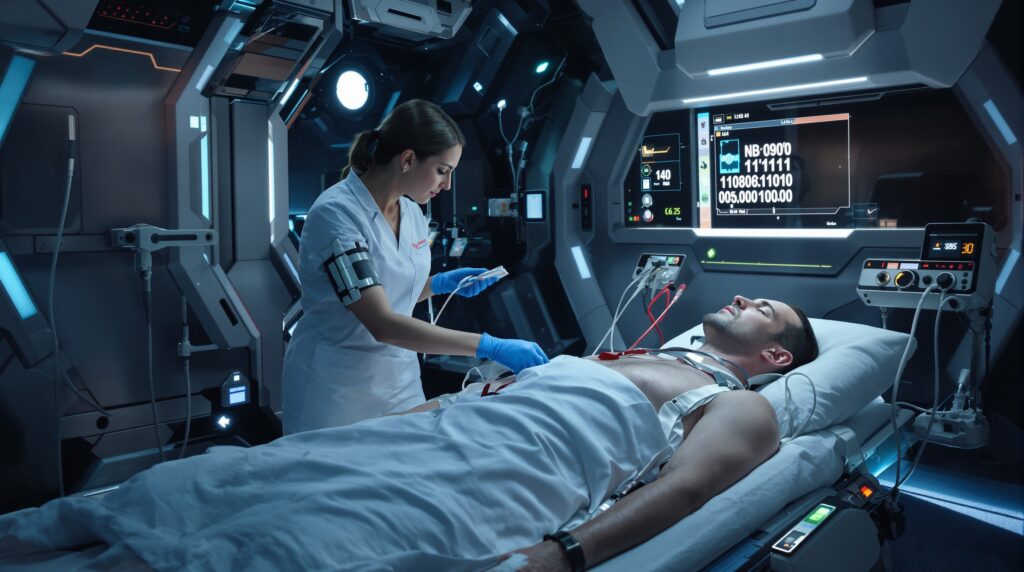 An image of a man lying in a medical unit in a science-fiction setting, while a nurse monitors his vital signs.